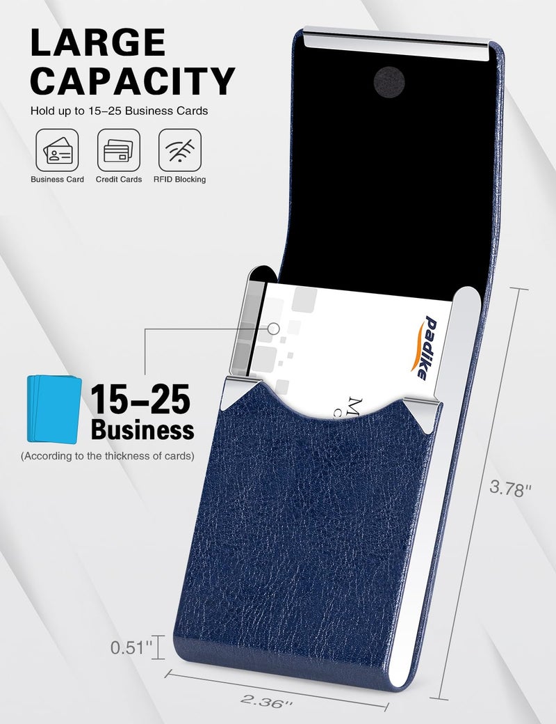 Padike Professional Business Card Holder PU Leather Business Card Case Name Card Holder Slim Metal Pocket Card Holder with Magnetic Shut (Z-Blue) - Image 4